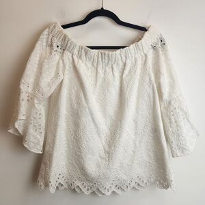 Trina Turk Off Shoulder White Eyelet Top Bell Sleeves Slightly Cropped Size Medi